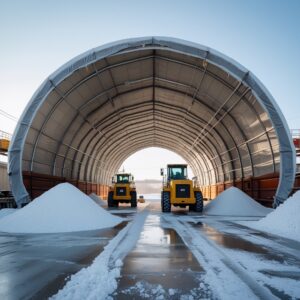 Municipal salt storage hoop building with road salt stockpiles and heavy equipment protected inside a durable fabric-covered structure during winter operations.